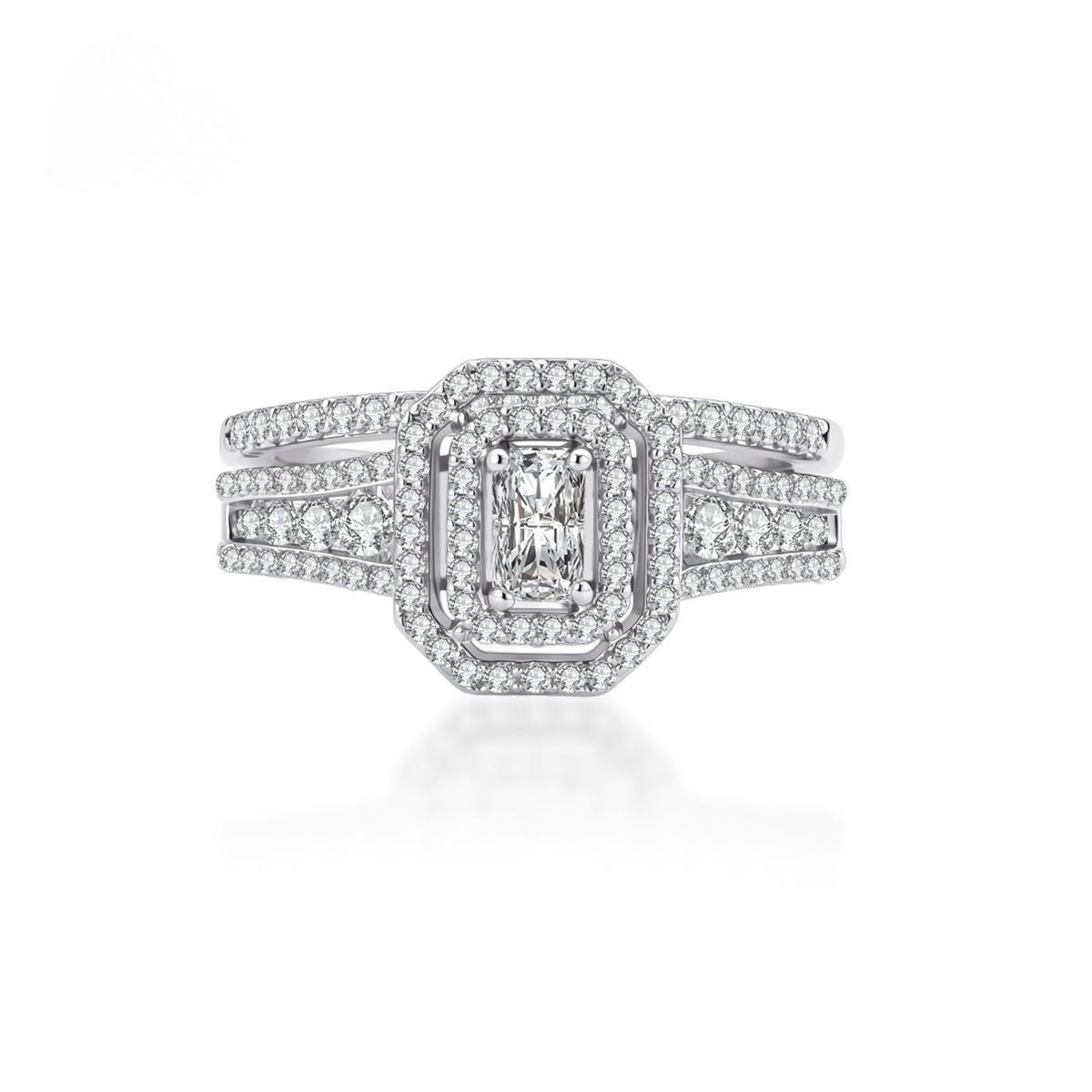 Double Halo Emerald-Cut Moissanite Bridal / Engagement Ring Set