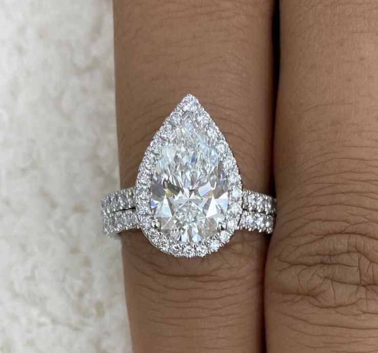 Parallel Double-Band Pear Cut Moissanite Halo Ring, view 3