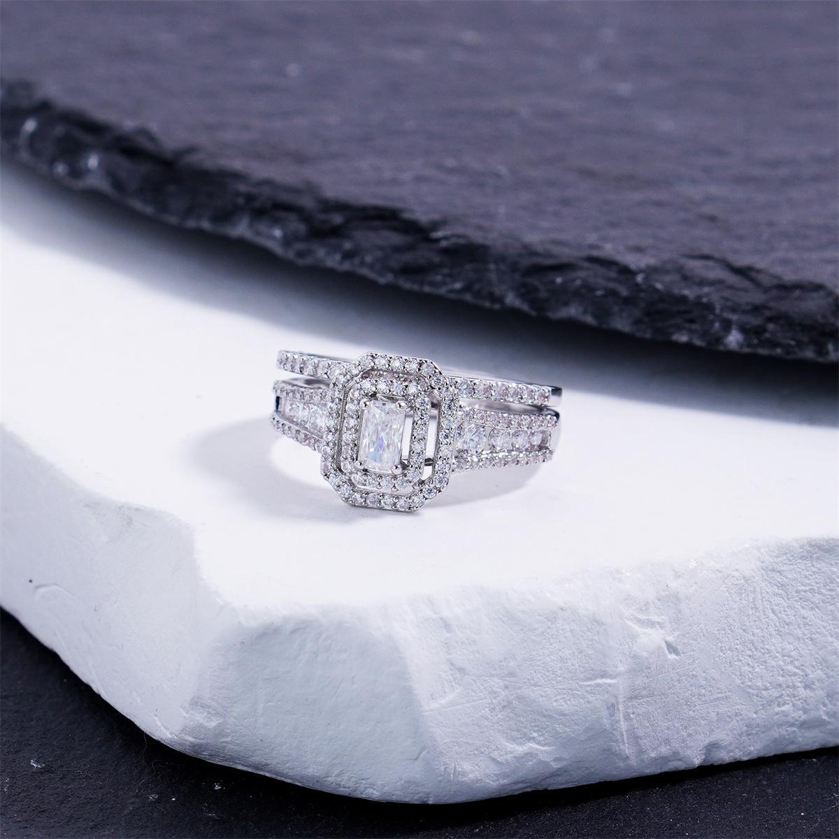 Double Halo Emerald-Cut Moissanite Bridal / Engagement Ring Set, view 3