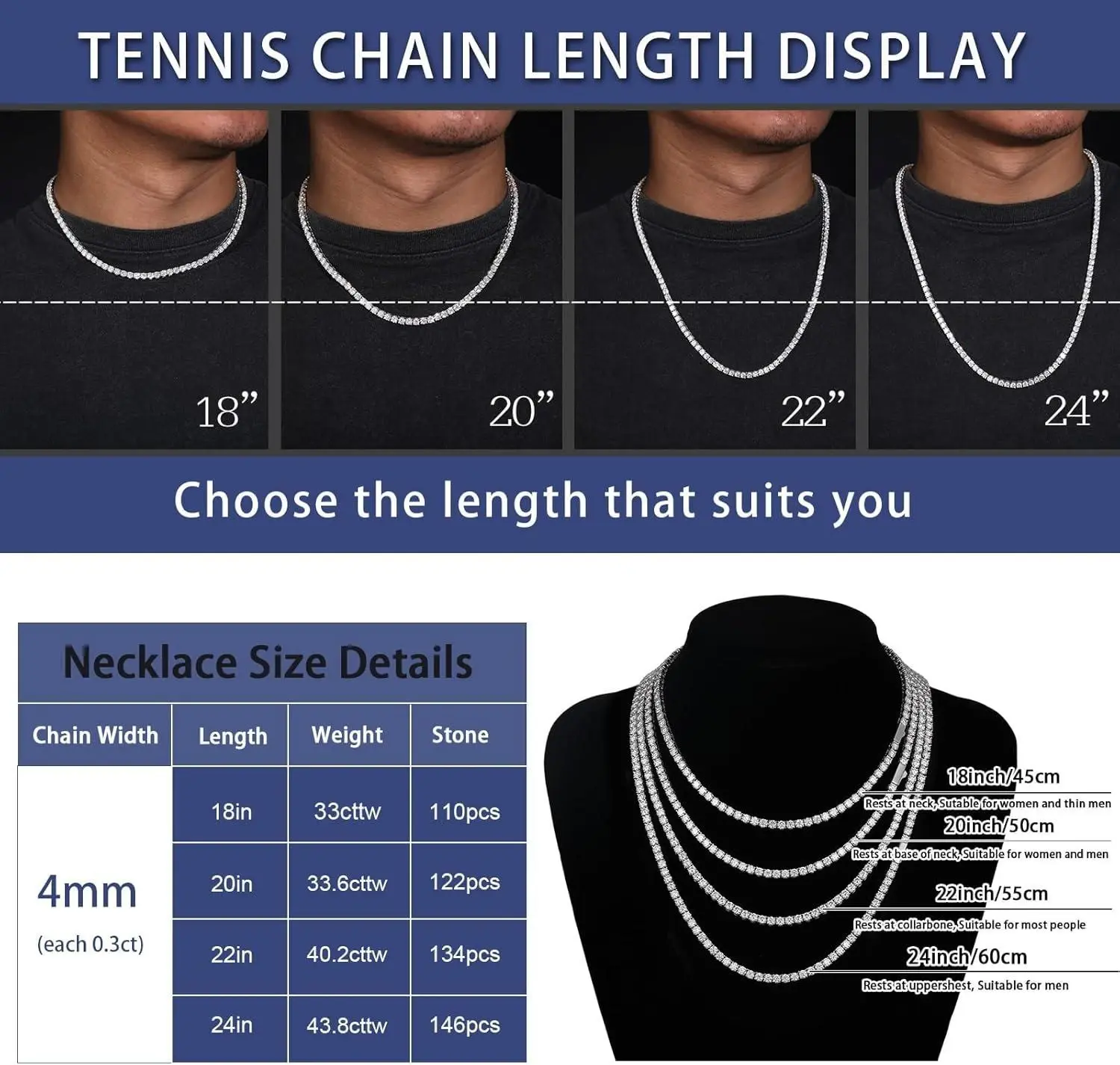 Silver Moissanite Classic Tennis Chain, view 3