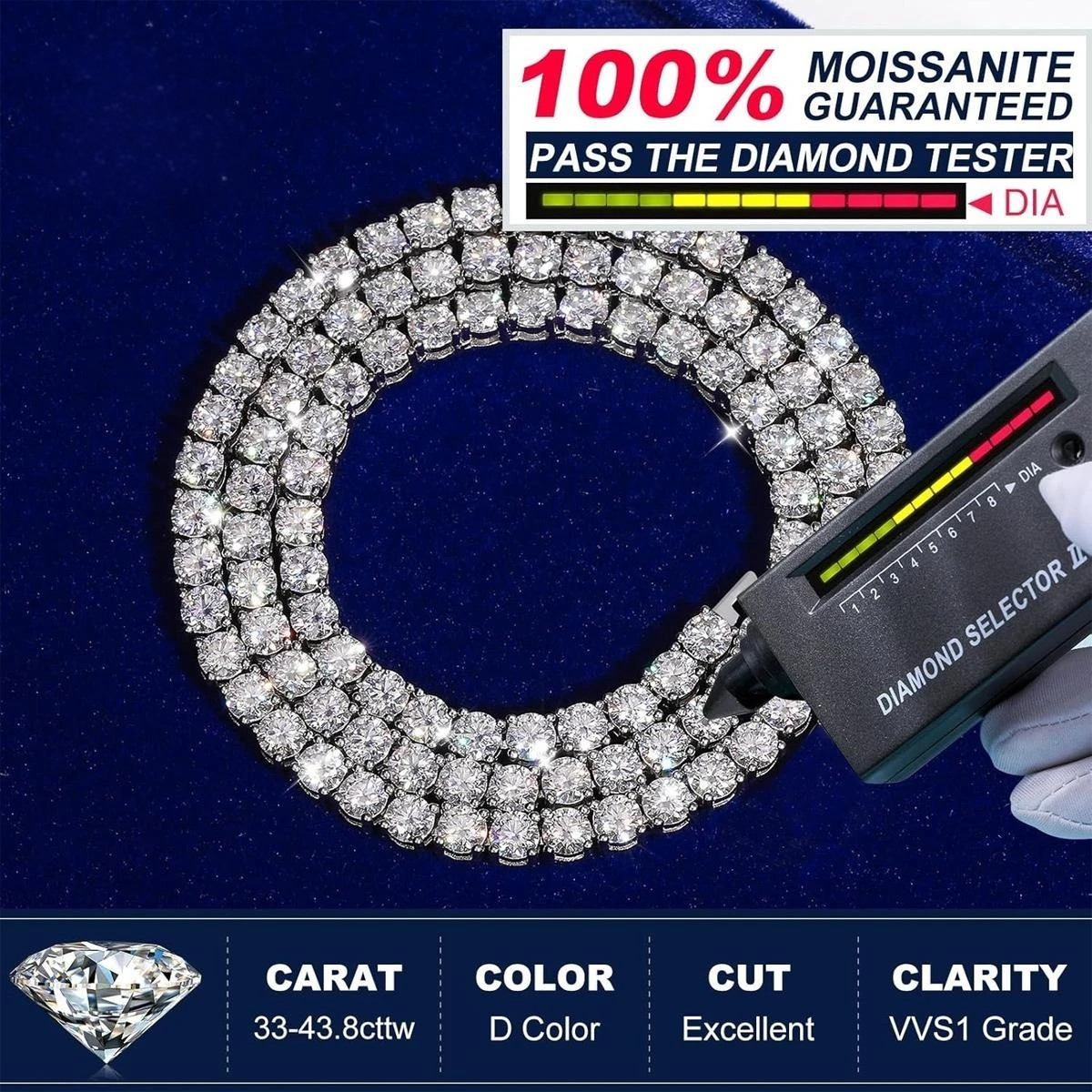 Silver Moissanite Classic Tennis Chain, view 2