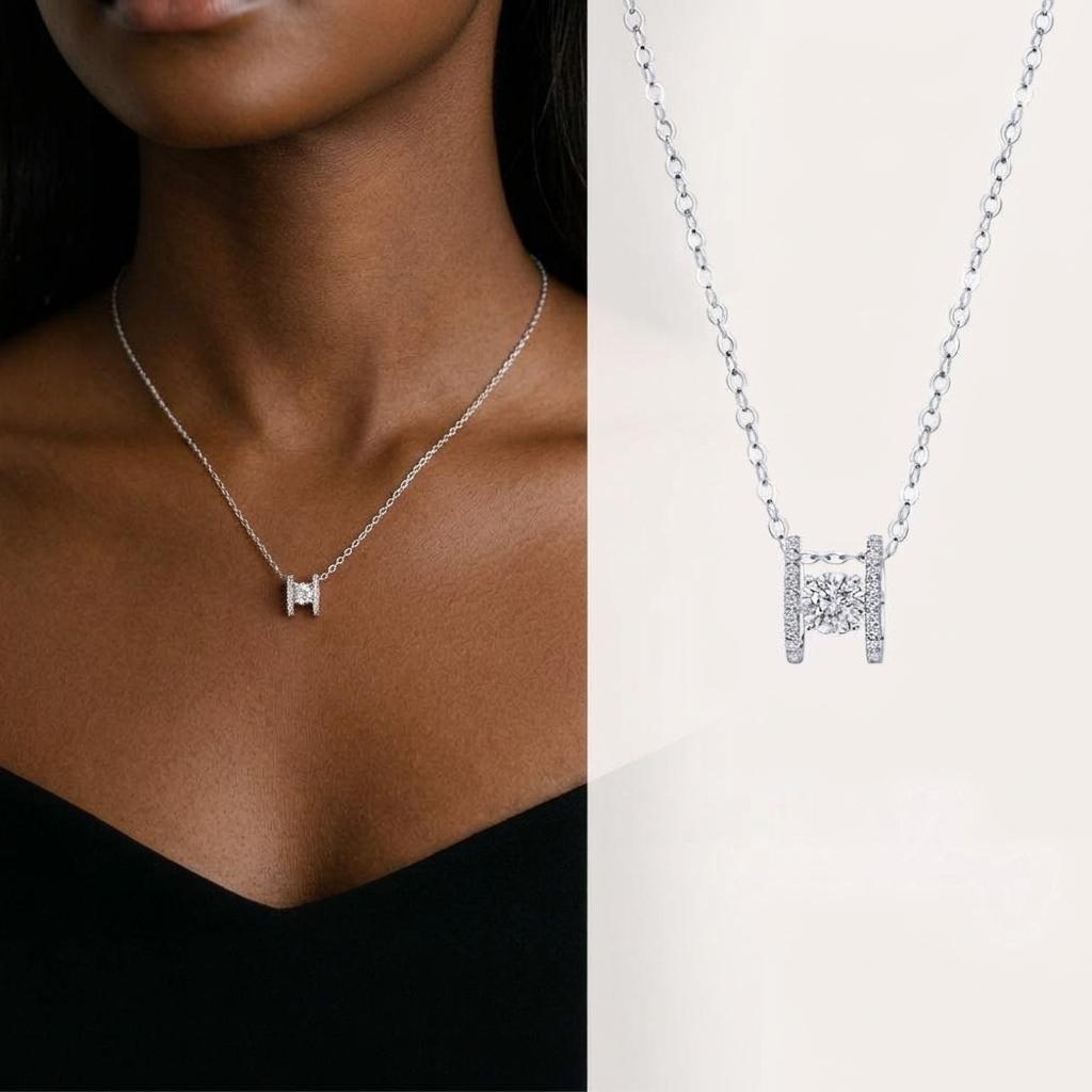 925 Sterling Silver Floating Solitaire H-Pendant Moissanite Jewelry Set (Pendant Necklace & Earrings), view 2